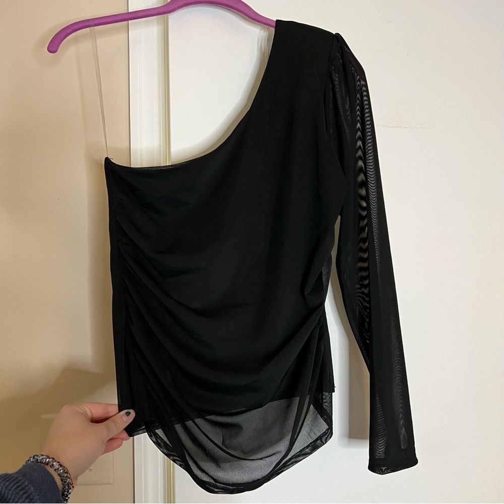Nwt One Shoulder Black Mesh Top Size Large